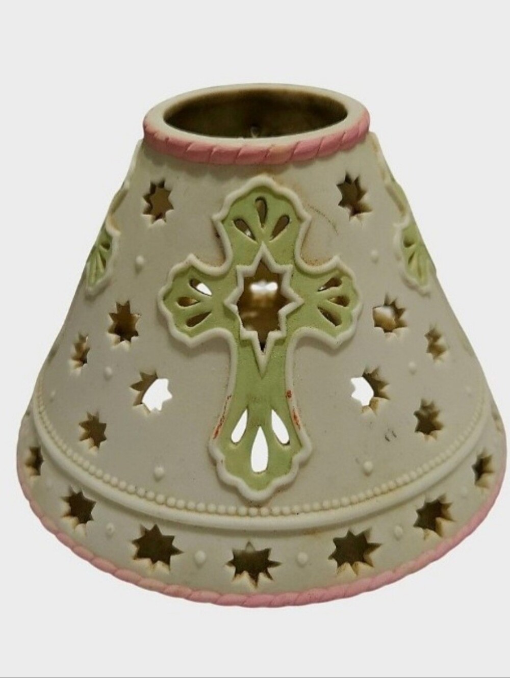 3.5" Religious White Porcelain Candle Jar Shade With Green Cross & Stars
